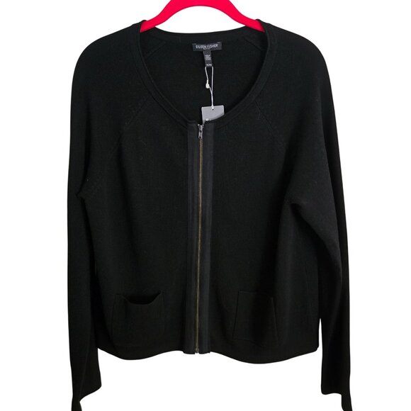 Eileen Fisher Sweaters - Eileen Fisher NWT Black Silk Organic Cotton Full Zip Sustainable Sweater Size PL